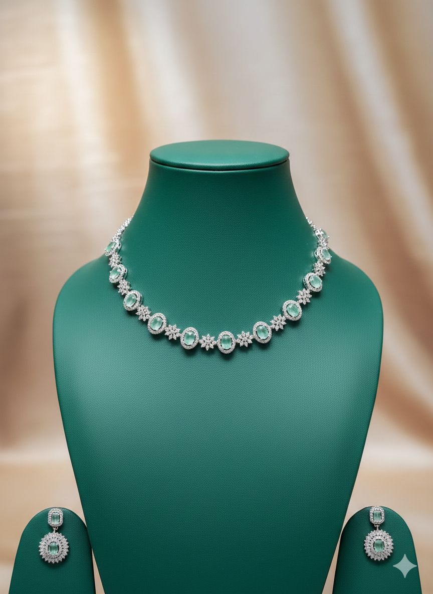 T2O Creation - Mint Green American Diamond Necklace Set