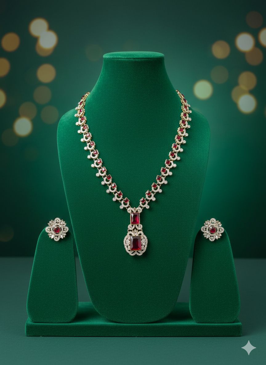 T2O Creation – Ruby Tone American Diamond Necklace Set